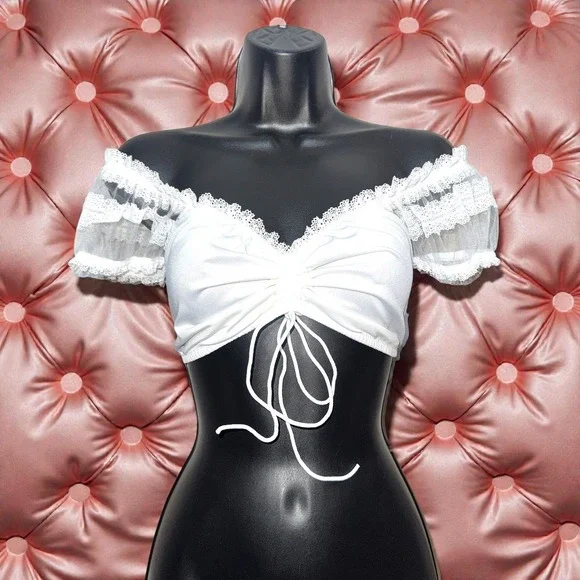New White Large Ruched Off Shoulder Lace Trim Crop Top Dirndl Blouse Oktoberfest - Picture 4 of 5